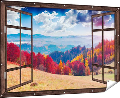 Gards Tuinposter Doorkijk Kleurrijke Herfstbos met Heuvellandschap - 180x120 cm - Tuindoek - Tuindecoratie - Wanddecoratie buiten - Tuinschilderij
