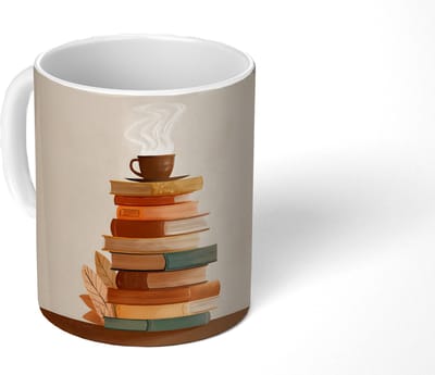 Mok - Koffiemok - Boeken - Toren - Koffie - Beige - Mokken - 350 ML - Beker - Koffiemokken - Theemok