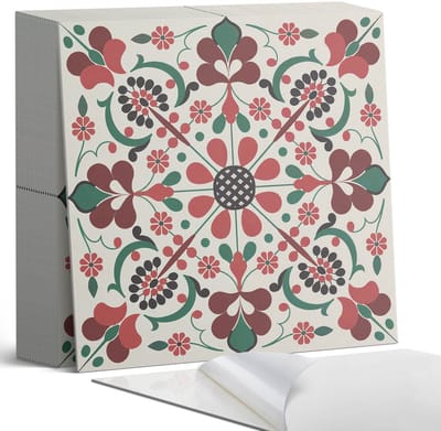 Coloray Plaktegels - Bloemenpatroon met symmetrie Zelfklevende Tegels - 20 cm x 20 cm - Rood Plaktegels - 20 stuks - Vierkant PVC Tegels - Plaktegels Badkamer - Plaktegels Vloer - Vinyltegels Vloer Zelfklevend - Wandtegel Zelfklevend