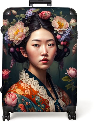 NoBoringSuitcases.com® - Koffer groot - Reiskoffer lichtgewicht - Vrouw - Bloemen - Kimono - Portret - Asian - Vakantie rolkoffer met 4 wielen - Grote trolley XL - Travel suitcase large - 98 liter bagage - Ruimbagage met TSA slot