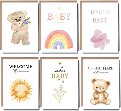6 Luxe Wenskaarten Geboorte & Zwangerschap met Enveloppen - Felicitatie Kaartjes - A6 - Blanco - Teddybeer