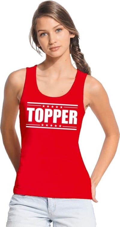 Rood Topper mouwloos shirt/ tanktop in witteletters dames - Toppers dresscode kleding 38