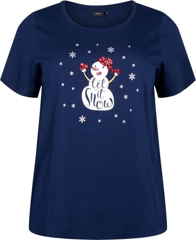 ZIZZI VCHRISTMAS, S/S, STRAIGHT TEE Dames T-shirt - Blue - Maat M (46-48)