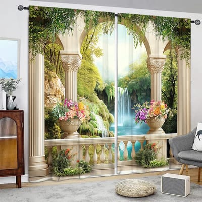 2 stuks Romeinse Zuil Landschapsschilderij Bedrukt Gordijn voor Huisdecoratie - Tunnel voor Roede Raambekleding voor Slaapkamer, Kantoor, Keuken 52.5cmX116cm X 2pcs beige
