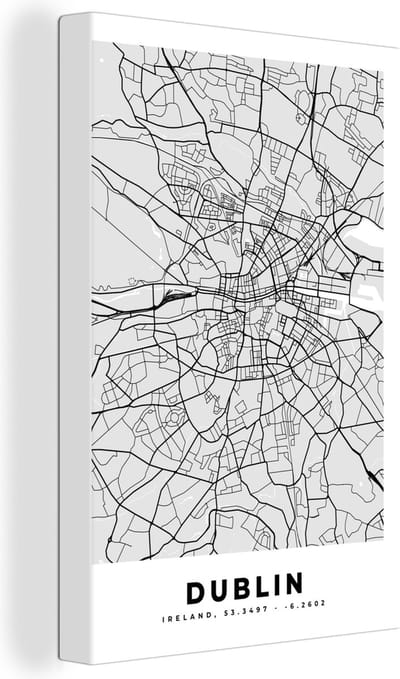 Canvas Schilderij Dublin - Stadskaart - Zwart Wit - Plattegrond - Kaart - 20x30 cm - Wanddecoratie