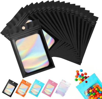 60 Stuks Zwarte Holografische Mylar Tassen 10.5x15cm Ritszakken voor Geurvrije Opslag van Sieraden, Cosmetica en Voedselverpakking