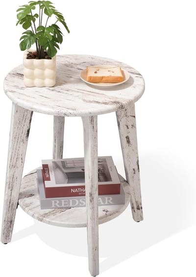 Ronde Bijzettafel met Lagere Plank - Vintage Houten Eindtafel voor Kleine Ruimtes