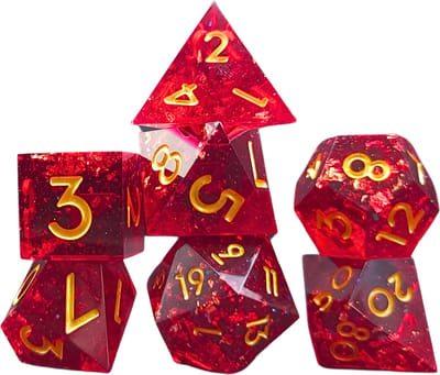 Resin Dobbelstenen Set - Ruby Glitter - Dice Set - Polydice Set - 7 Stuks - Inclusief metalen case en velvet opbergzak