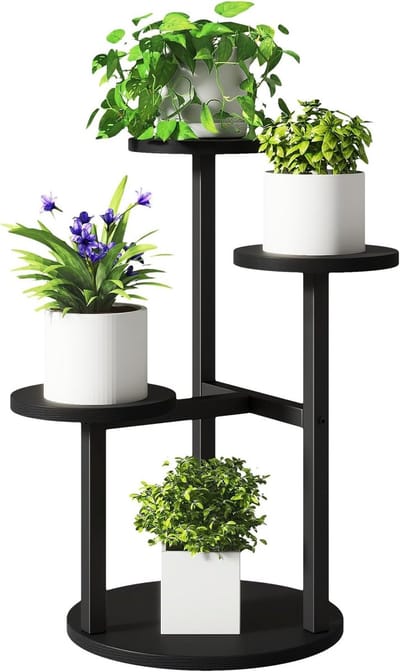 4-laags plantenstandaard voor binnen, 52.5cm hoge metalen houten plantenplank voor meerdere planten, gelaagde hoekbloempotstandaard voor woonkamer, terras, balkon, tuin, Zwart TMJ073B