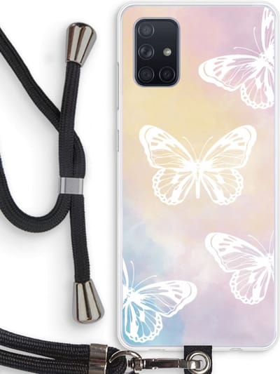 Case Company® - Hoesje met koord geschikt voor Samsung Galaxy A71 hoesje met Koord - White butterfly - Telefoonhoesje met Zwart Koord - Bescherming aan alle Kanten en Over de Schermrand