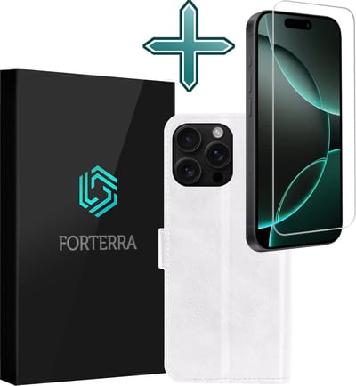 Hoesje Met Screenprotector - Geschikt voor Apple iPhone 16 Pro - Luxe Pasjeshouder - Flipcase - Bookcase Portemonee - Flip Case - Kunstleer Book Case - Book Cover - Walletcase - Portemonneehoes - Wit