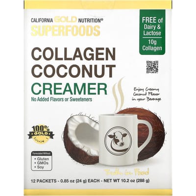 California Gold Nutrition, Superfoods, Crème à la noix de coco au collagène, non sucrée, paquet de 12, 0,85 oz (24g) Chaque