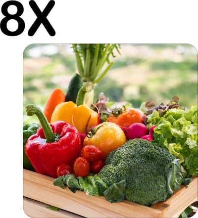 Luxe Placemat - Groente in een Houten Kistje - Set van 8 Placemats - 50x50 cm - 2 mm dik Vinyl - Anti Slip - Afneembaar