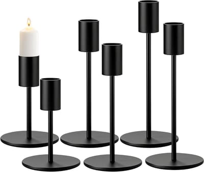 Set van 6 zwarte kaarsenstandaards voor staafkaarsen, ideaal voor bruiloften, feesten en tafeldecoratie, binnendiameter 2 cm, hoogte 8,5/14/16 cm
