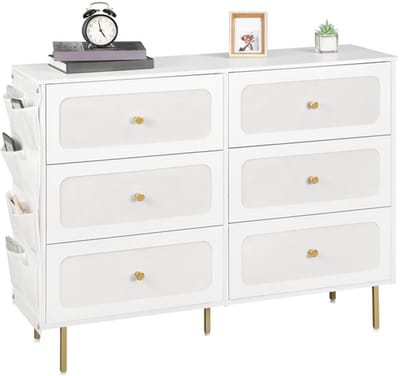 Hzuaneri Commode 110cm, kast met 6 stoffen laden, multifunctioneel dressoir met stoffen tas, metalen frame, 30 x 110 x 85 cm, voor woonkamer en slaapkamer, modern, Wit-Goud