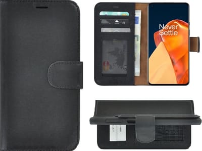 Hoesje Geschikt voor OnePlus 9 - Bookcase - Portemonnee Hoes Echt leer Wallet case Zwart
