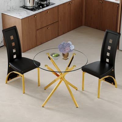 FloraGrace Eetkamerset - Ronde Tafel Van 88 Cm Met 2 Stoelen - Modern En Compact - Voor Kleine Eetruimtes En Keukenhoeken - Glas En Metaal - Zwart Goud Transparant