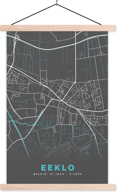 Posterhanger incl. Poster 40x60 cm - Schoolplaat - België – Eeklo – Stadskaart – Kaart – Blauw – Plattegrond - Textielposter - Blanke latten - Stadskaart