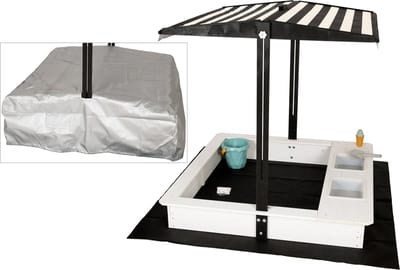 WONDERMAKE® design zandbak met modderkeuken, dak, deksel OXFORD 420D, vliesfolie, zandbak houten vierkant afsluitbare buitentuin voor kinderen, zwart en wit