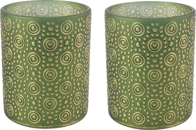 Countryfield Luxe theelichthouder - 2x stuks - Fantasy - glas - olijfgroen/goud - D8 x H10 cm