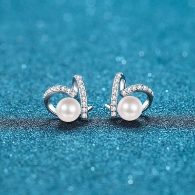 Boucles d'oreilles en argent sterling 925 avec petit diamant en forme de cœur et moissanite naturelle, perle d'eau douce, cadeau d'anniversaire pour fille, bijoux de fiançailles 6-7mm gray