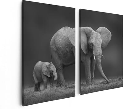 Artaza Canvas Schilderij Tweeluik Olifant Moeder En Zoon - Zwart Wit - 80x60 - Foto Op Canvas - Canvas Print