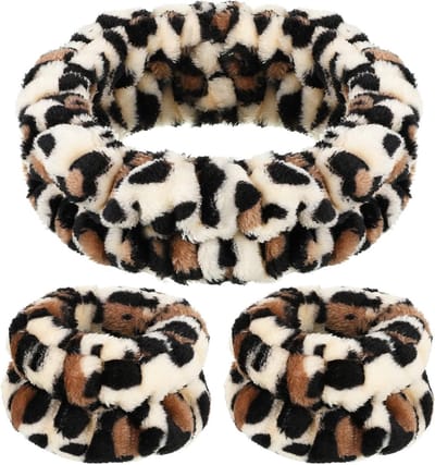 Set van 3 Zachte Spa Hoofdbanden en Polsbanden voor Make-up en Gezichtsverzorging - Elastische en Fluffy Hoofdbanden voor Dames en Meisjes (Wit, Zwart)