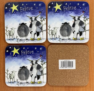 Alex Clark Onderzetters Believe ~Koe en Schapen in de sneeuw Kerst/winter
