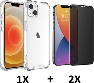 HB Hoesje Geschikt voor Apple iPhone 13 - Transparant / 2X Privacy Glazen Screenprotector - Anti-Shock Hybrid Back Cover