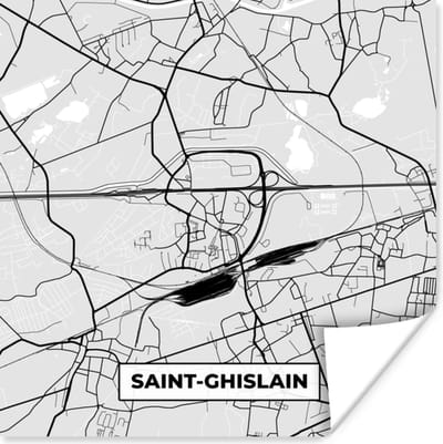 Poster Zwart Wit – België – Plattegrond – Stadskaart – Kaart – Saint Ghislain - 100x100 cm XXL