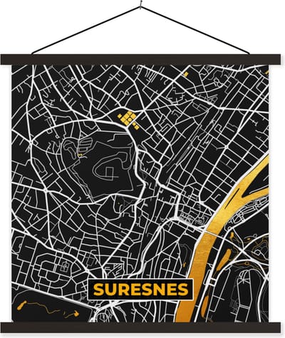 Posterhanger incl. Poster 60x60 cm - Schoolplaat - Stadskaart - Frankrijk - Plattegrond - Kaart - Suresnes - Textielposter - Zwarte latten - Stadskaart