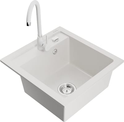 Mexen Vito granieten spoelbak met 1 bak en Telma keukenkraan, wit - 6503-20-670200-20