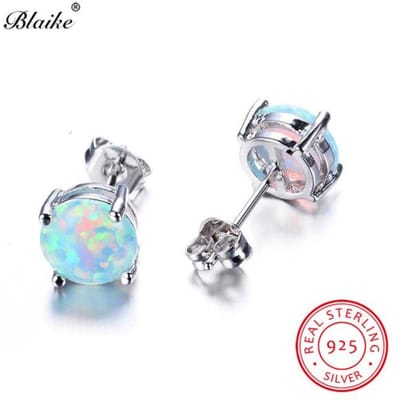100% 925 Sterling Zilver Wit Vuur Opaal Stud Oorbellen Voor Vrouwen Fijne Sieraden 8MM Ronde Stenen Studs Geboortesteen oorbellen gray