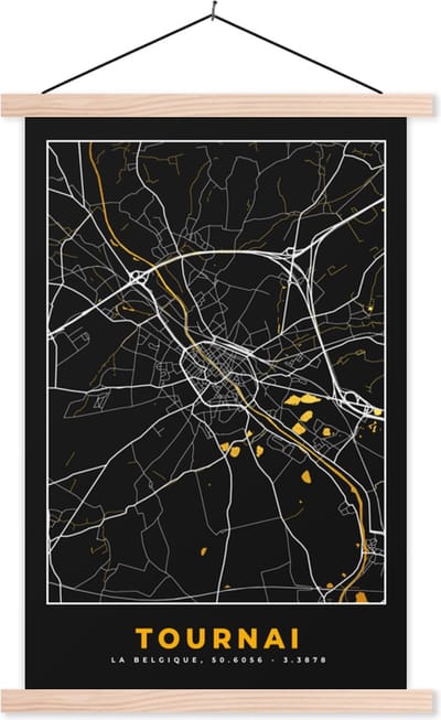 Posterhanger incl. Poster 40x60 cm - Schoolplaat - Tournai - Stadskaart - Goud - Plattegrond - Kaart - Textielposter - Blanke latten - Stadskaart