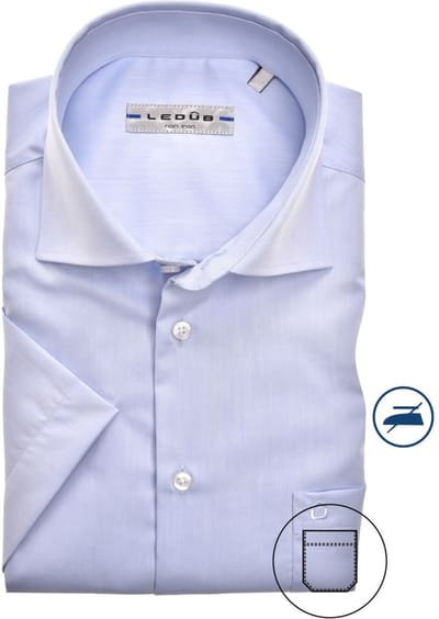 Ledub modern fit overhemd - korte mouw - lichtblauw twill - Strijkvrij - Boordmaat: 41 (EU maat: L)