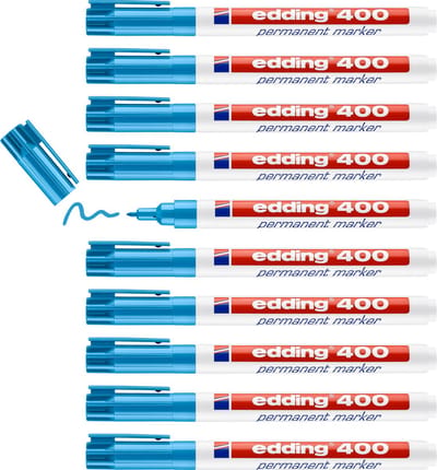 edding 400 permanent marker - lichtblauw - 10 stiften - ronde punt 1 mm - watervast, sneldrogend - wrijfvast - voor karton, kunststof, hout, metaal, glas