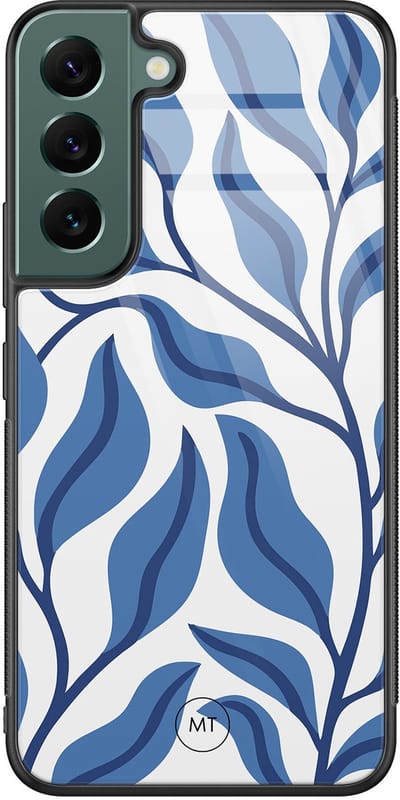 Hoesje geschikt voor Samsung Galaxy S22 - Blue leaves - Hard Case Zwart Back Cover - Print - Blauw - Mooie Telefoonhoesjes