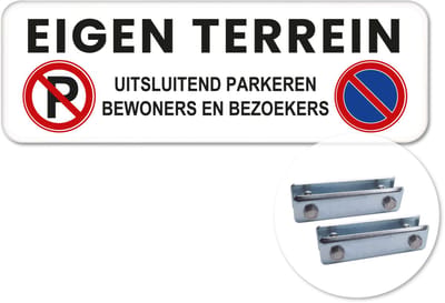 Parkeerbord Eigen Terrein - Weerbestendig Aluminium - 40x15 cm - Bevestiging: Met hekbeugels (voor spijlen- of gaashek)