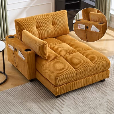 Palm fauteuil, zachte gestreepte kussens, handrail met rolkussens, hoofdsteunflappen, drie bekerhouders en een zijzak voor de broek, past in zowel de woonkamer als de slaapkamer, mosterdkleur