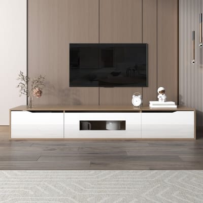 Wishdor - Tv-Meubel - Hoogglans Afwerking - Ledverlichting Met 16 Kleuren - Spaanplaat - Wit En Houtkleur - 180 X 35 X 30 Cm