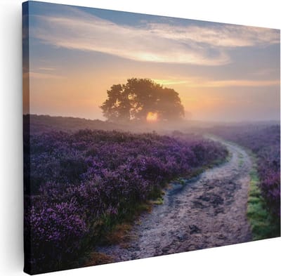 Artaza Canvas Schilderij Zonsopgang Heide - 40x30 cm - Klein - Wanddecoratie Pad - Muurdecoratie Bloemen - Kamer Accessoires Landschap