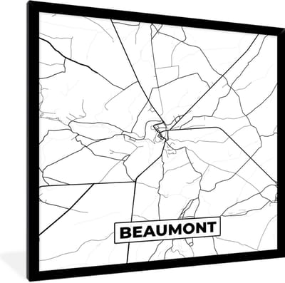 Fotolijst incl. Poster Zwart Wit- België – Beaumont – Stadskaart – Kaart – Zwart Wit – Plattegrond - 40x40 cm - Posterlijst