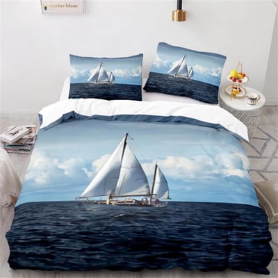 Wave Dekbedovertrek Set, Zee Oceaan Nautische Beddengoed Set Zeilboot Dekbedovertrek, Queen/King/Full/Twin Maat Polyester Dekbedovertrek EU Single 135x200cm