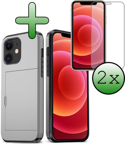 Hoes Geschikt voor iPhone 11 Hoesje Hard Case Met Pas Houder Met 2x Screenprotector - Hoesje Geschikt voor iPhone 11 Hoes Shockproof Hard Cover Met Kaarthouder - Grijs