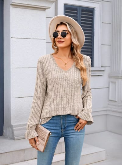 ASTRADAVI Casual Chic - Frayed Stripe Dames V-Hals Blouse - Stijlvolle Top met Geplooide Mouwen - Kaki / Small