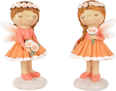 Dekoratief | Meisje staand m/bloemen, oranje, resina, 7x6x13cm, set van 2 stuks | A250437