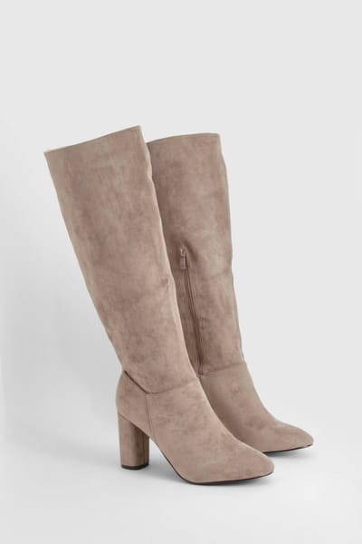 boohoo Dames Wide Fit Nep Suede Blockhiel Kniehoge Laarzen | Taupe | Maat: 37