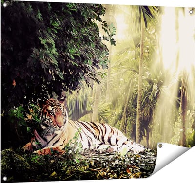 Gards Tuinposter Tijger in de Jungle met Zonneschijn - 100x80 cm - Tuindoek - Tuindecoratie - Wanddecoratie buiten - Tuinschilderij