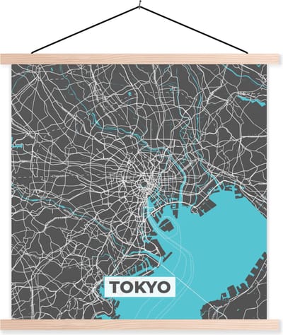 Posterhanger incl. Poster 40x40 cm - Schoolplaat - Tokyo - Blauw - Stadskaart - Kaart - Plattegrond - Textielposter - Blanke latten - Stadskaart