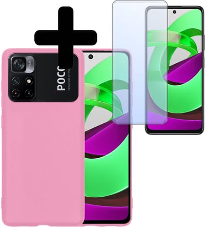 Hoesje - Met Screenprotector - Geschikt voor Xiaomi Poco M4 Pro 5G - Sterk & Shockproof - Back Cover - Siliconen Case - Telefoon Hoes - Telefoonhoesjes - Lichtroze